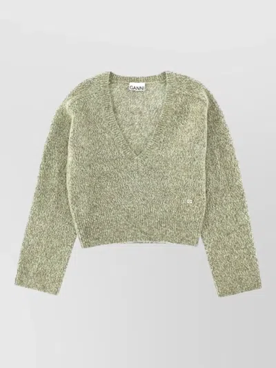 Ganni V Neck Cropped Sweater Long Sleeves In Green