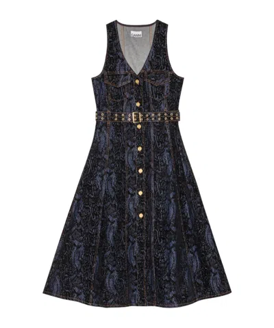 Ganni Belted Denim Snakeskin Midi Dress In Blue