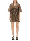 Ganni Almond Milk Pleated Georgette V-neck Flounce Mini Dress In Animal Print Recycled Polyester In Multicolor
