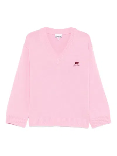 Ganni V-neck Embroidered Sweater In Pink
