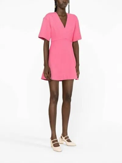 Ganni V-neck Flared Stretch Viscose A-line Mini Dress In Pink