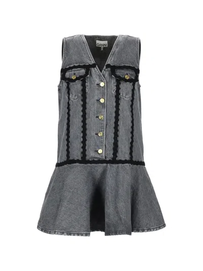 Ganni Sleeveless Dress Contrast Trim Front Pockets In Gray