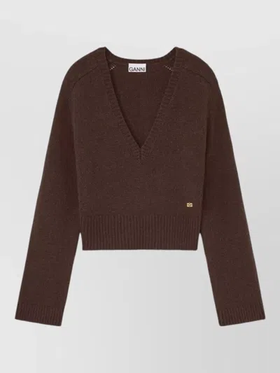 Ganni V Neck Knit Sweater Long Sleeves In Brown