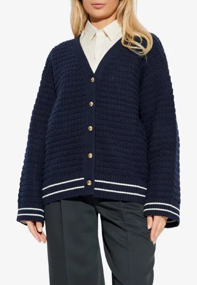Ganni V-neck Knitted Cardigan In Blue