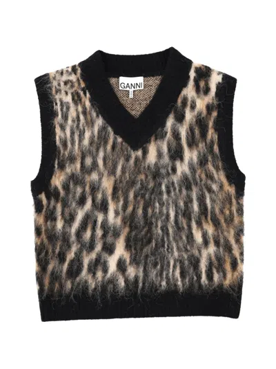 Ganni V-neck Knitted Vest In Black