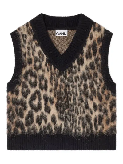 Ganni V-neck Leopard-print Vest In Multi