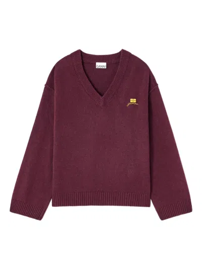 Ganni V-neck Logo-detail Sweater In Burgundy