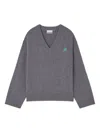 Ganni V-neck Logo Sweater In Gray