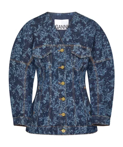 Ganni V-neck Long-sleeved Denim Coat In Blue