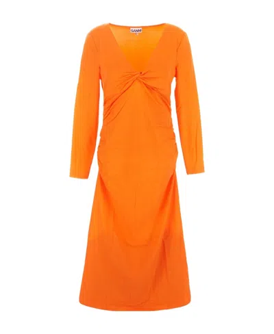 Ganni Twist-front Jersey Midi Dress In Orange