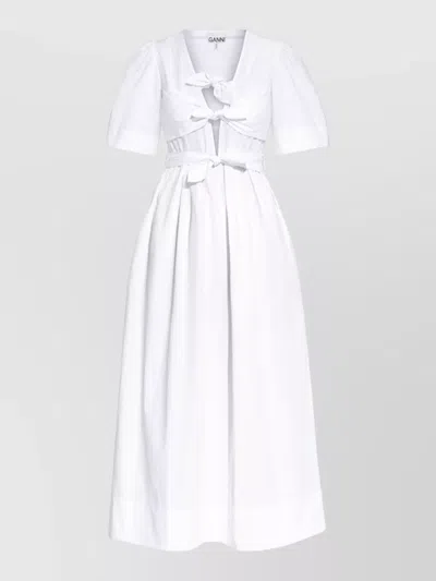Ganni V Neck Midi Dress Belted Waist In White