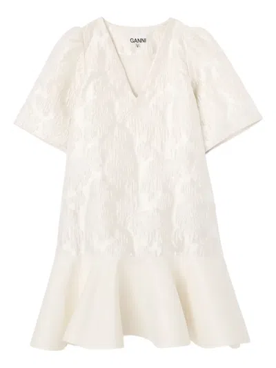 Ganni V-neck Mini Dress In Neutral