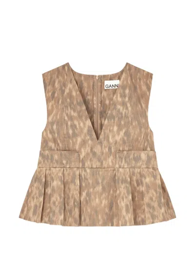 Ganni V-neck Pleated Blouse In Brown