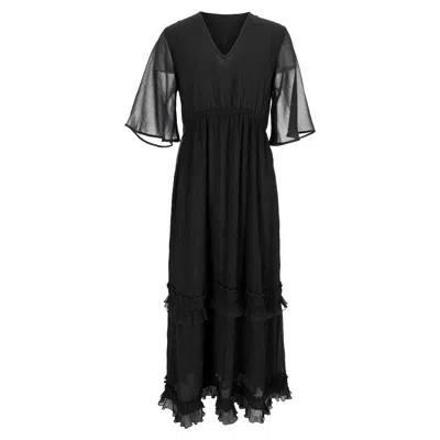 Pre-owned Ganni V-neck Pleated Maxi Dress In Black Polyester