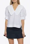 Ganni Blouse With Exaggerated Collar And Ruffle In White