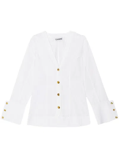 Ganni V-neck Poplin Shirt In White