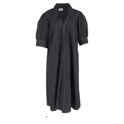 Pre-owned Ganni V-neck Puff-sleeved Poplin Maxi Dress In Black Cotton