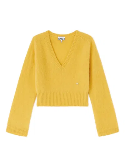 Ganni V-neck Ribbed Sweater In Yellow
