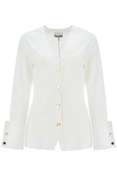 Ganni Cotton Poplin V-neck Shirt In White