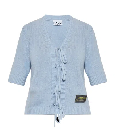 Ganni V-neck Short-sleeved Sweater In Blue