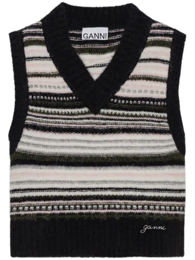 Ganni Multi Color Embroidered Logo Sweater In Black