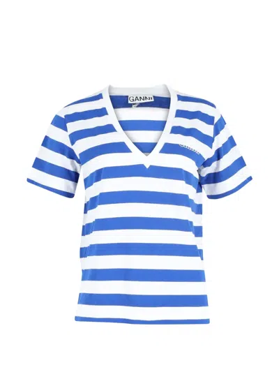 Pre-owned Ganni V-neck Striped T-shirt In Blue