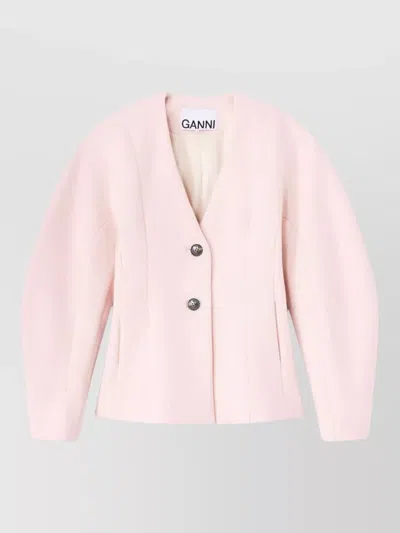 Ganni V Neck Tailored Blazer Long Sleeve In Pink