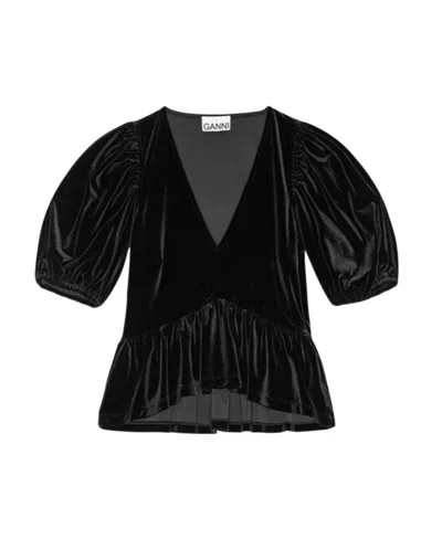 Ganni Velvet V-neck Short Sleeves Regenerated In Black