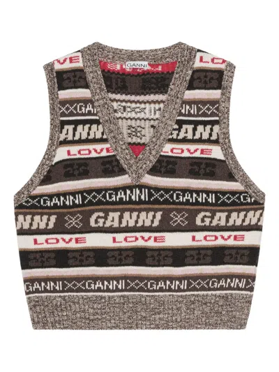Ganni V-neck Vest In Brown