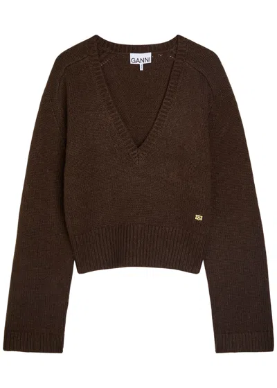 Ganni V-neck Wool-blend Jumper In Black