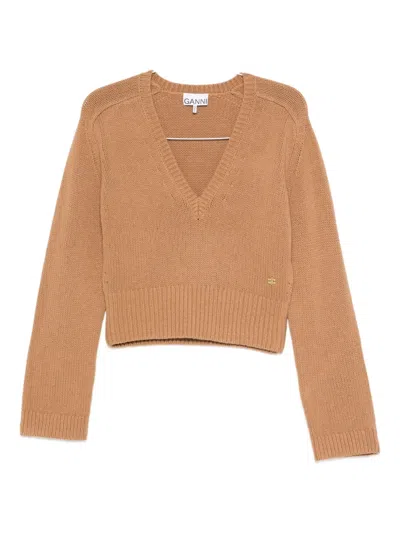 Ganni V-neck Wool Sweater In Brown