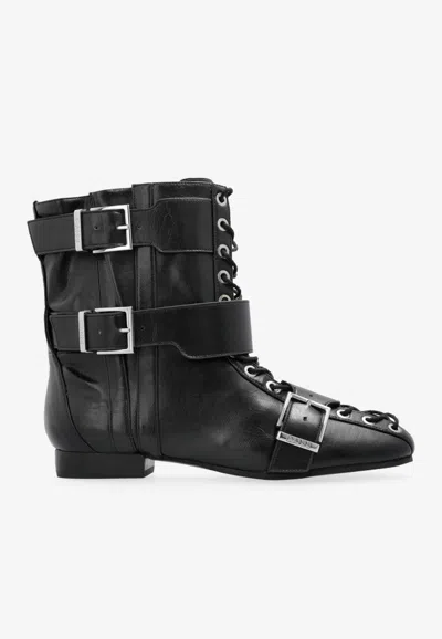 Ganni Vegan Leather Ankle Boots With Lace And Buckles In Black