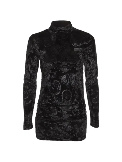 Pre-owned Ganni Velour Ruched High Neck Top In Black