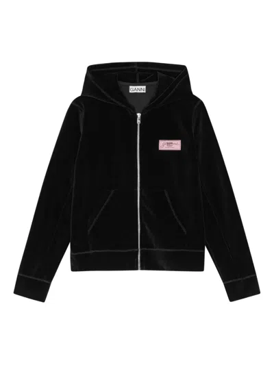 Ganni Velour Zip-up Hoodie In Black