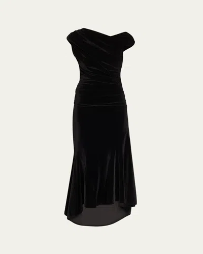 Ganni Velvet Jersey Ruched Crossover Midi Dress In Black