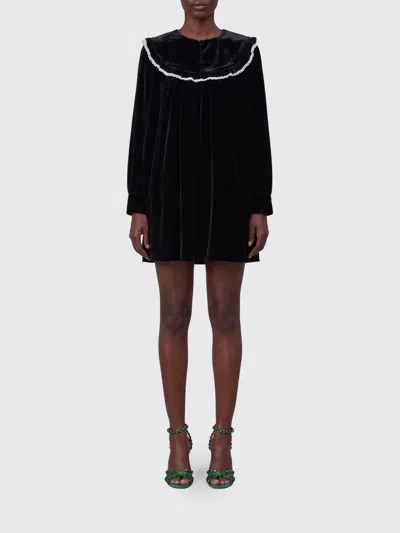 Ganni Velvet Mini Dress Long Sleeves Lace Trim In Black