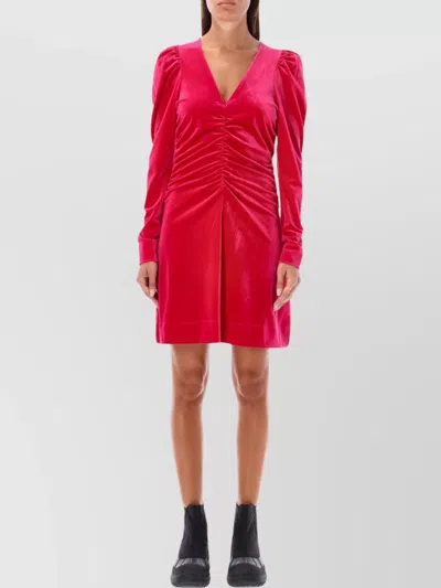 Ganni Velvet Mini Dress Ruched Silhouette In Red