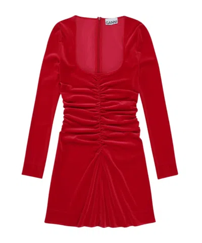 GANNI RED VELVET JERSEY MINI DRESS