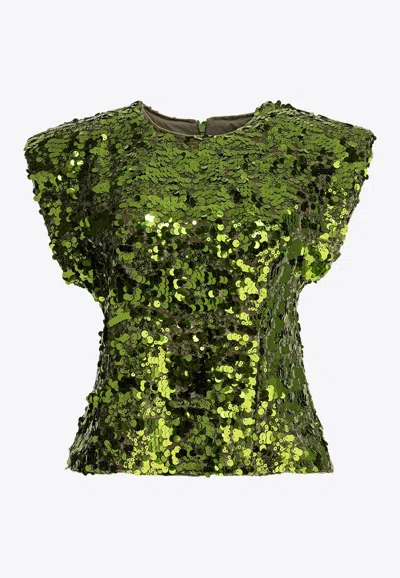 Ganni Velvet Sequin-embellished Blouse In Green