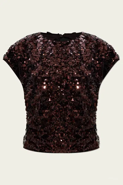 Ganni Womens Demitasse Bow-embroidered Sequin-embellished Velvet Top In Brown
