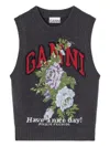 Ganni Floral Embroidered Wool Sleeveless Top In Gray
