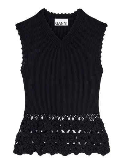 Ganni Women Vest In Cotton Crochet In Black