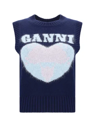Ganni Graphic Soft Wool Blend Logo Vest In Navy