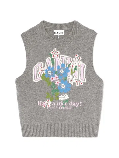 Ganni Floral Jacquard Knitted Vest In Multi