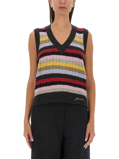 GANNI VEST WITH LOGO AND STRIPE PATTERN