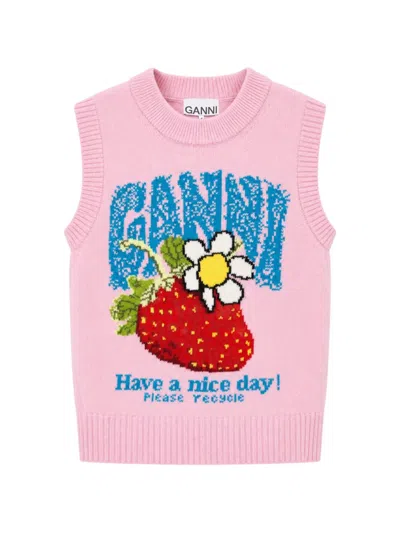 Ganni Crew Neck Graphic Knit Sleeveless Top In Pink