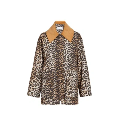 Ganni Leopard Printed Canvas Midi Puffer Jackets Brown In Animal Print