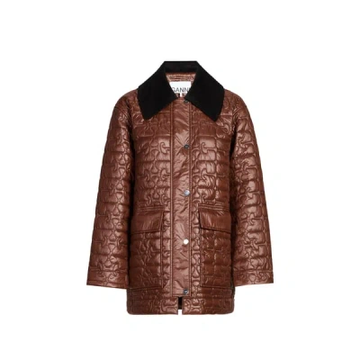 Ganni Veste Longue Matelassée In Brown