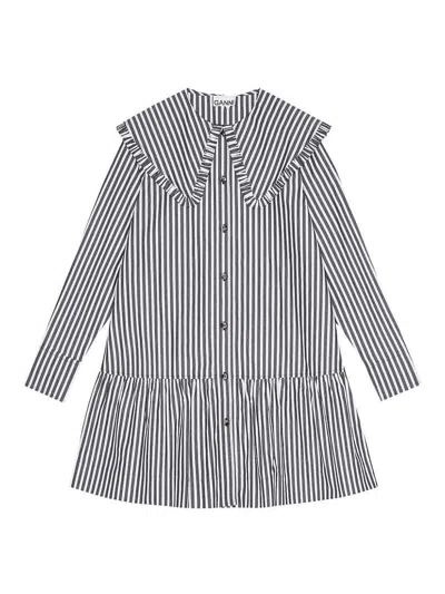 GANNI STRIPE COTTON BIG COLLAR MINI SHIRT DRESS