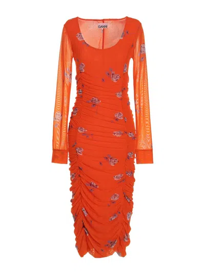 Ganni Floral Mesh Dress In Orange